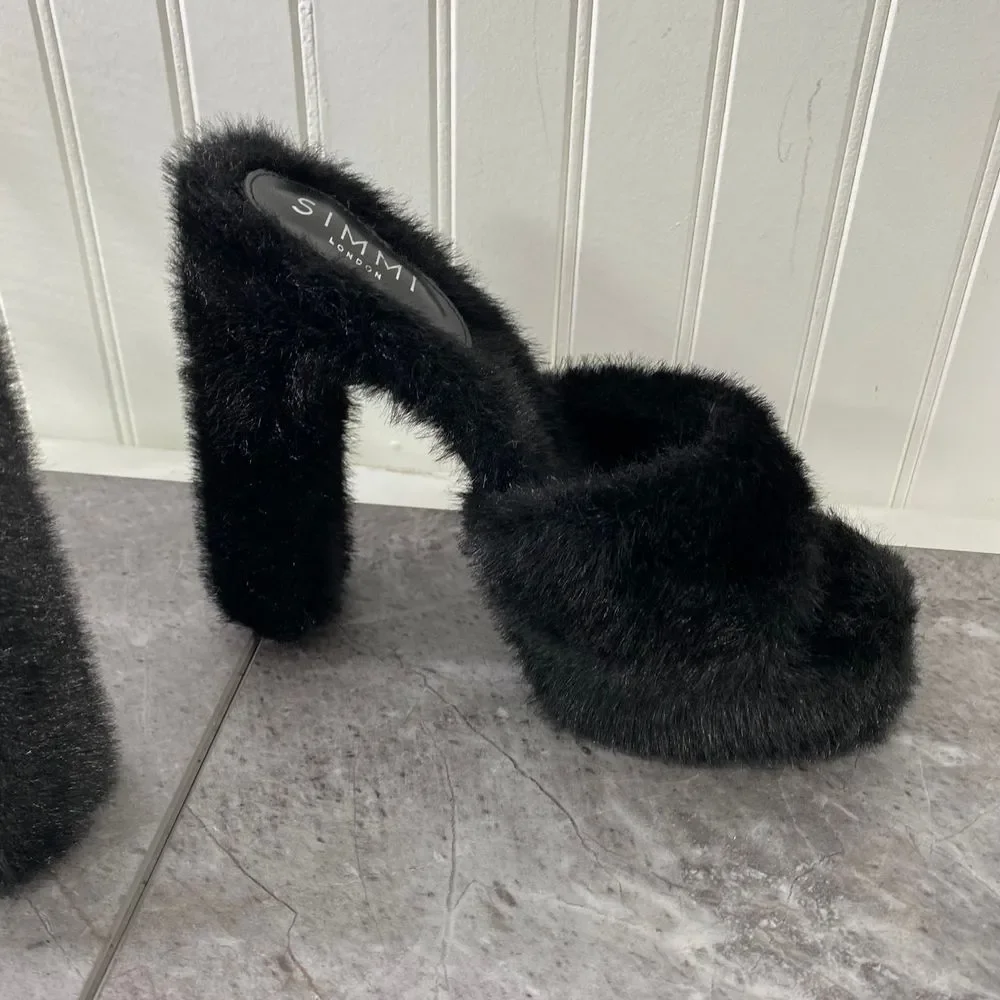 SIMMI Womens‎ 7 London Black Faux Fur Platform Heeled Sandals Fuzzy Chunky Party